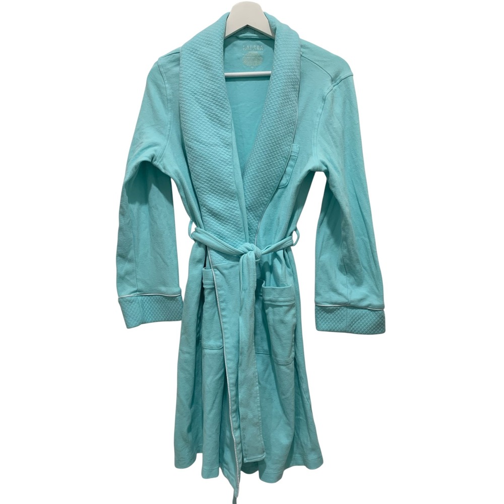Lauren Ralph Lauren Womens Sz M Turquoise Blue Cotton Quilted Shawl Collar Robe
